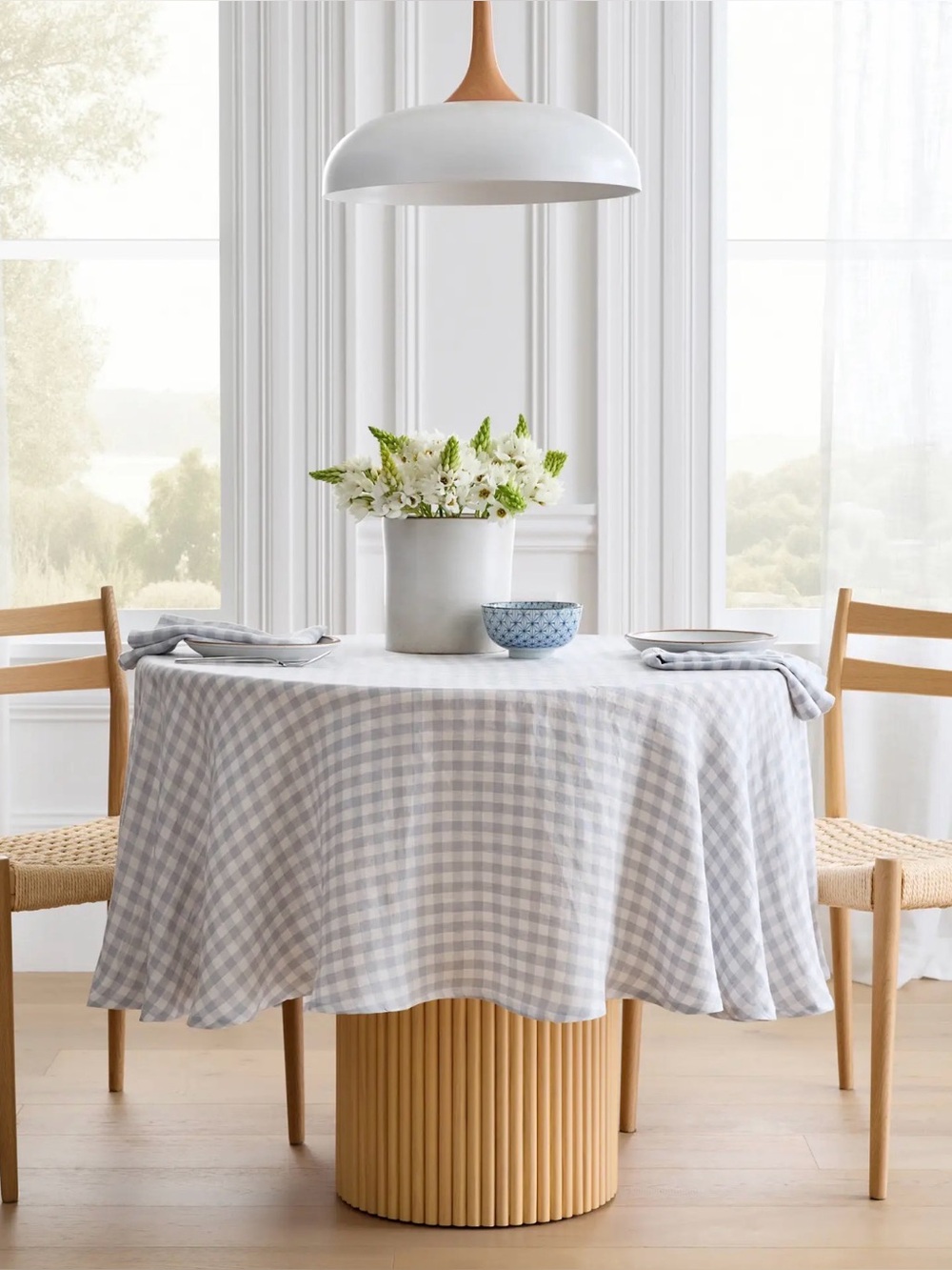 European Linen 70” Round Tablecloth in Blue Fog Gingham - Retail $50